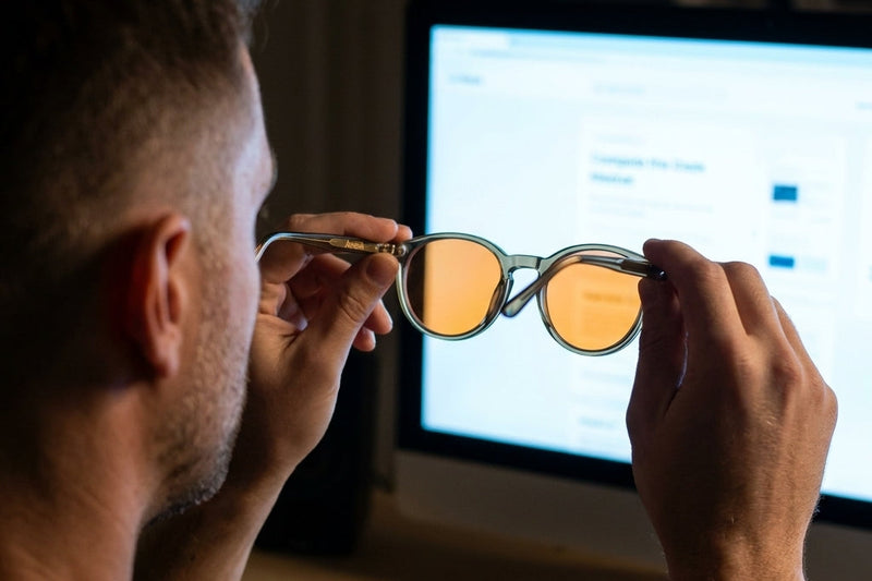 Man holding amber-lens Auresta blue light glasses in front of a bright monitor at night