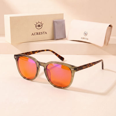 Auresta Willow Orange Lens Blue Light Glasses — Olive Round, Anti-Glare