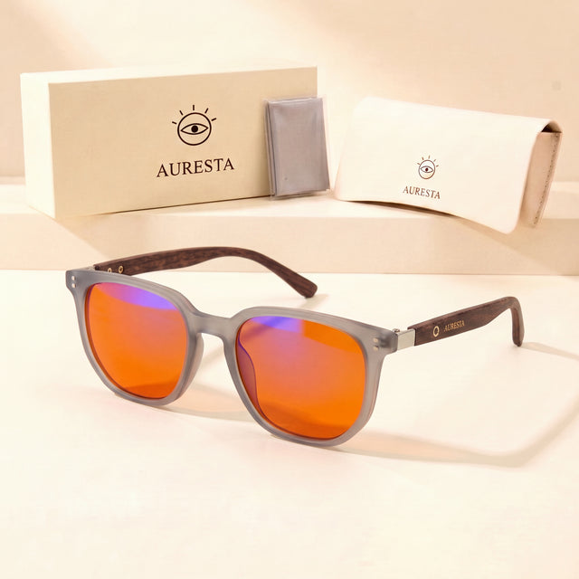 Auresta Ash Orange Lens Blue Light Glasses — Frosted Grey Square, Anti-Glare