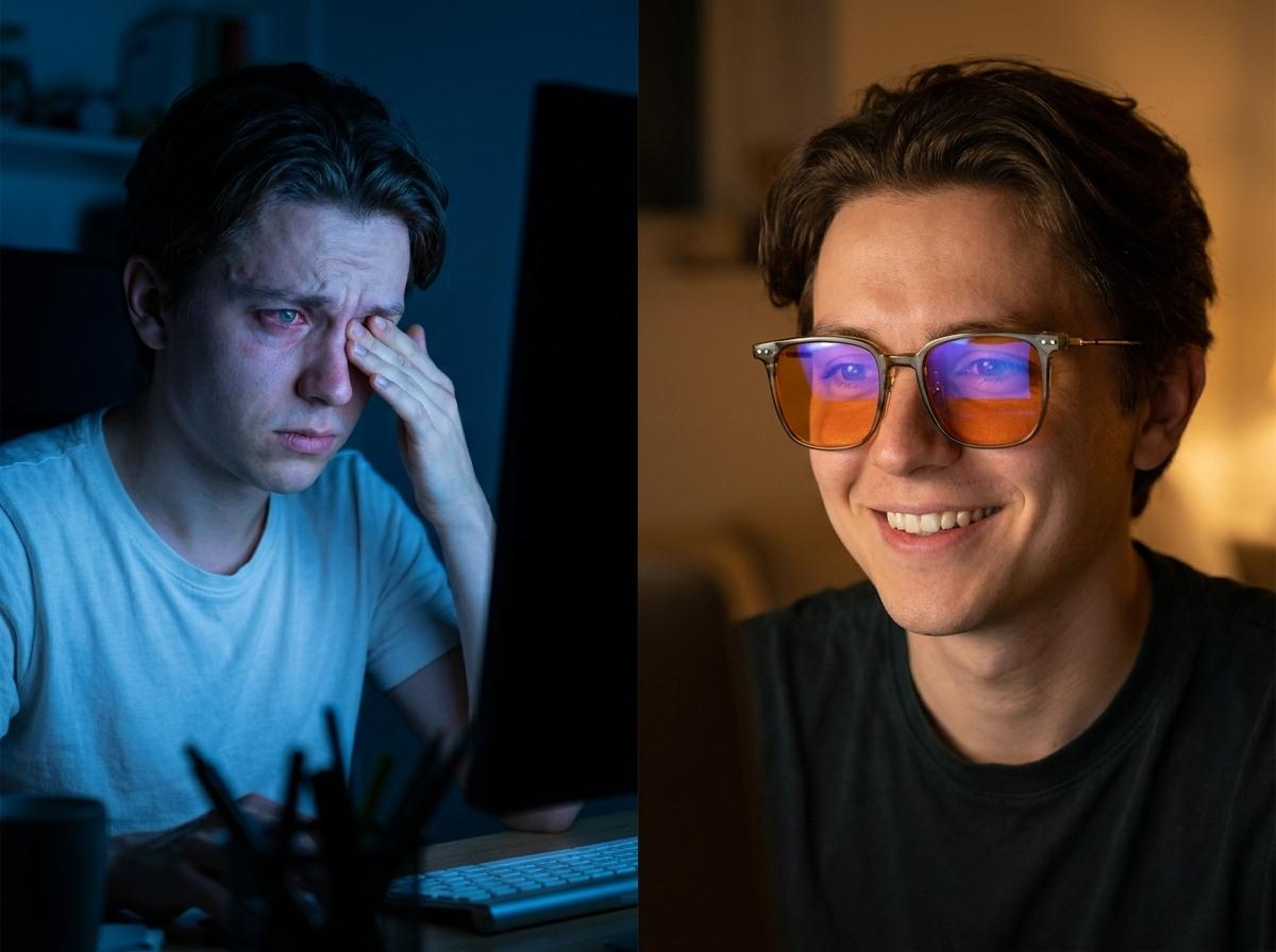 Auresta Olive orange-lens blue light glasses on a desk at night — translucent olive-green TR90 frame