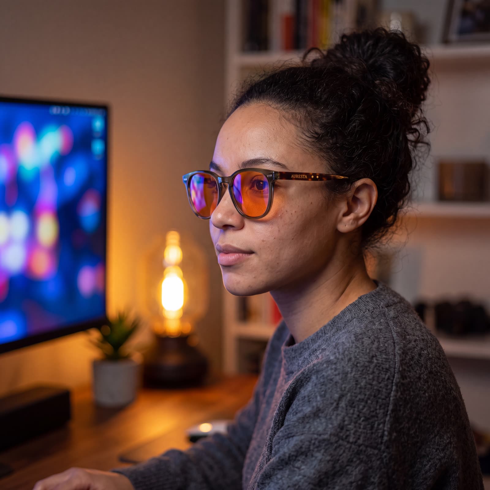Woman wearing the Willow blue light glasses at her desk in the evening — translucent olive round TR90 frame with tortoiseshell temples and warm orange lenses