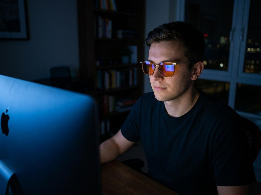 Man working at a computer late at night wearing amber-lens blue light glasses