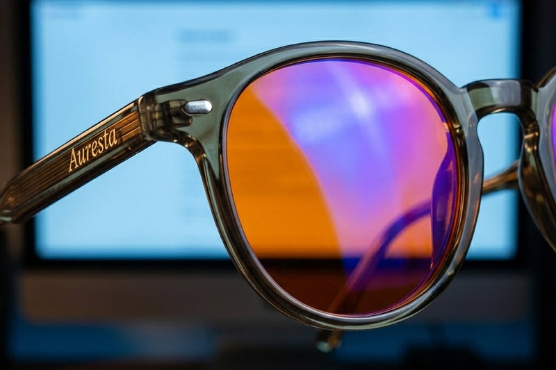Close-up of an amber lens on Auresta Vesper blue light glasses in front of a screen