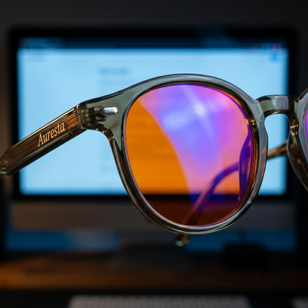 Close-up of an amber lens on Auresta Vesper blue light glasses in front of a screen