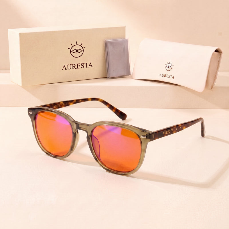 Auresta Willow Orange Lens Blue Light Glasses — Olive Round, Anti-Glare