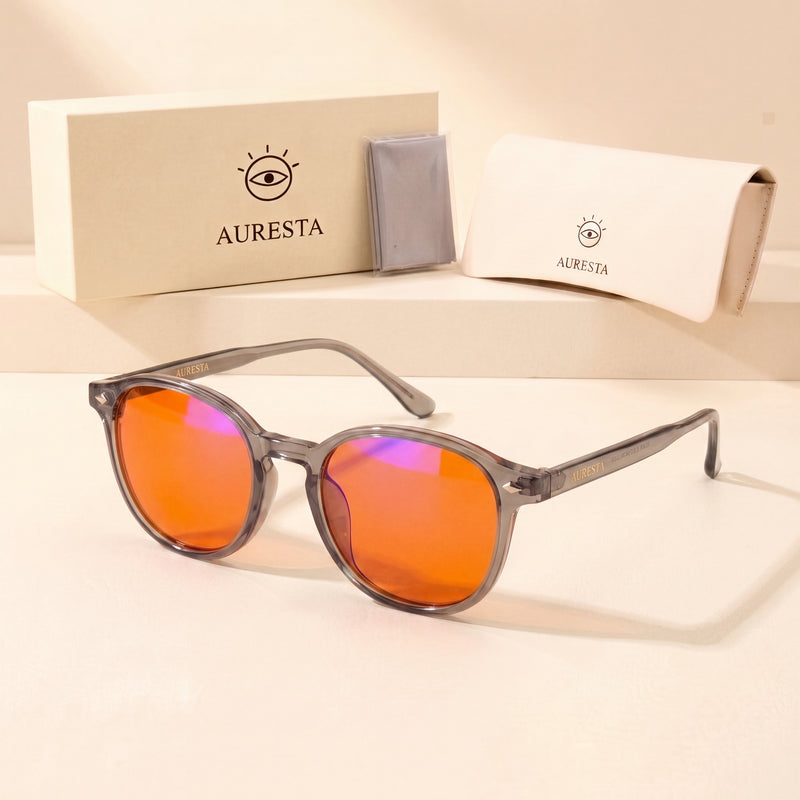 Auresta Aura Orange Lens Blue Light Glasses — Grey Round, Anti-Glare primary