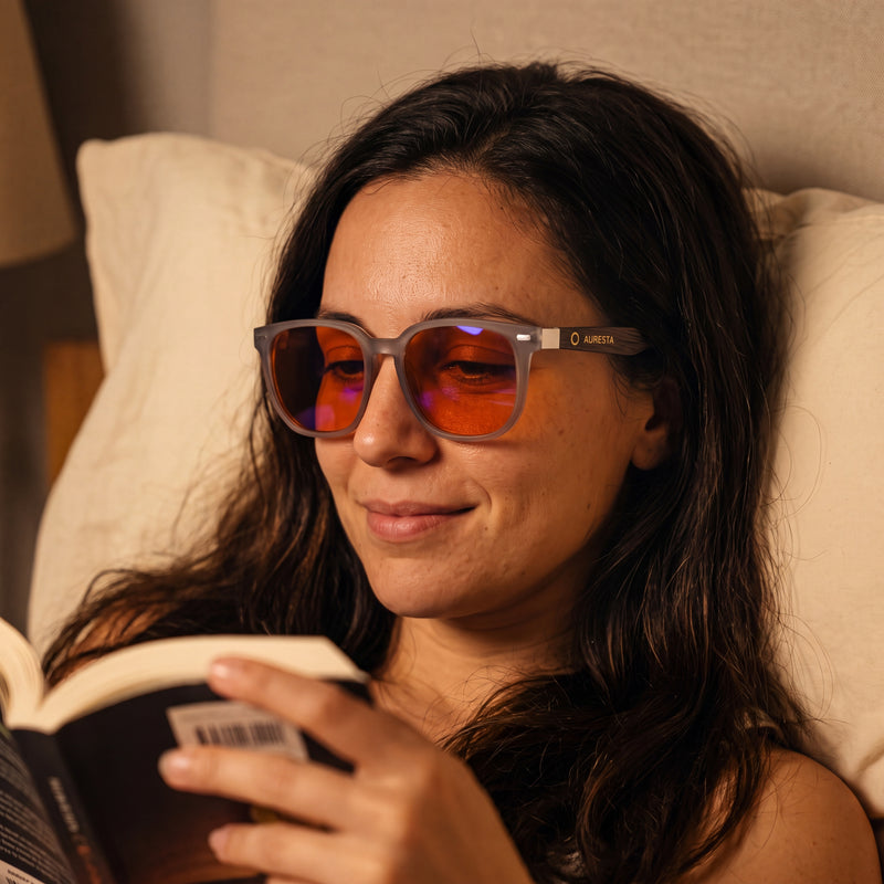 Auresta Ash Orange Lens Blue Light Glasses — Frosted Grey Square, Anti-Glare