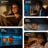 Aura blue light glasses shown in five scenes — reading in bed, at a desk in the evening, close-up of the orange lenses, in front of a monitor, and relaxing on a sofa