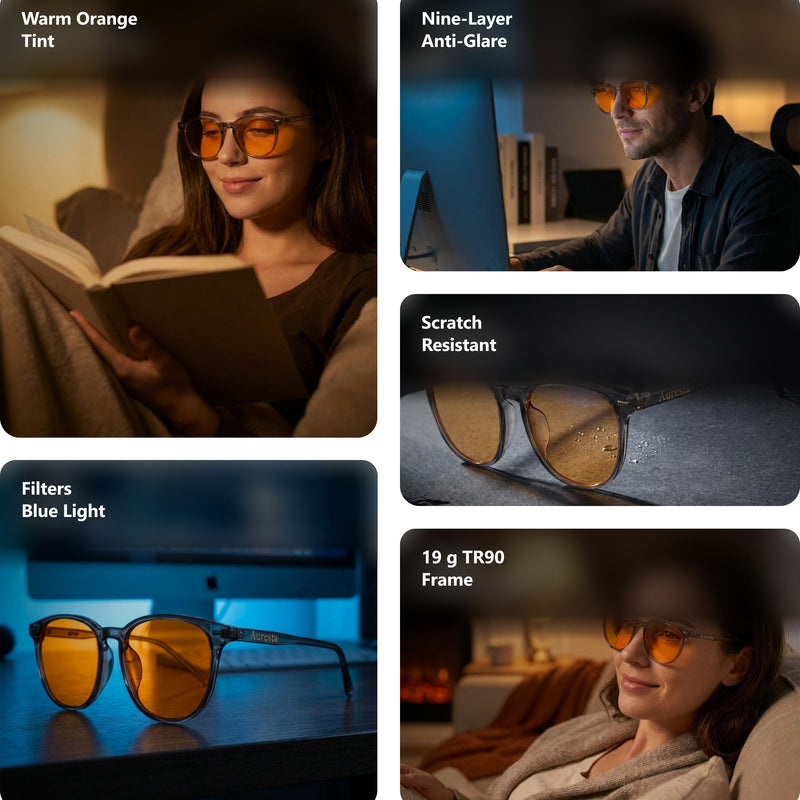 Aura blue light glasses shown in five scenes — reading in bed, at a desk in the evening, close-up of the orange lenses, in front of a monitor, and relaxing on a sofa
