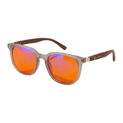 Auresta Ash blue light blocking glasses with orange lens – frosted grey square frame with wood-effect arms, product shot on white background