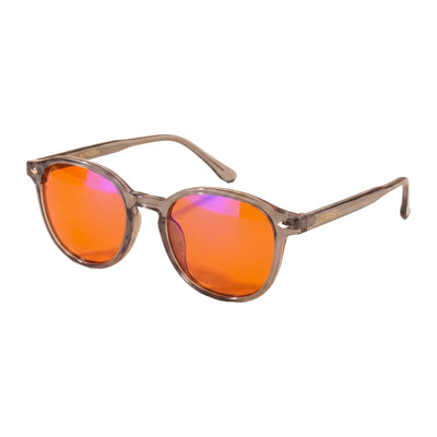 Auresta Aura blue light blocking glasses with orange lens – translucent grey round frame, product shot on white background