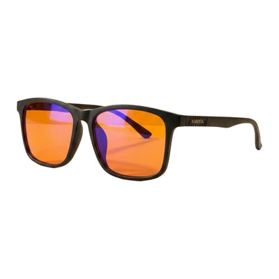 Auresta Ember blue light blocking glasses with orange lens – matte black square frame, product shot on white background