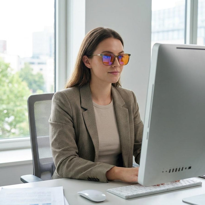 Woman at an office desktop wearing orange-lens blue light glasses, daylight from the window behind her