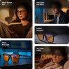 Ember blue light glasses shown in five scenes — reading in bed, at a desk in the evening, close-up of the orange lenses, in front of a monitor, and relaxing on a sofa