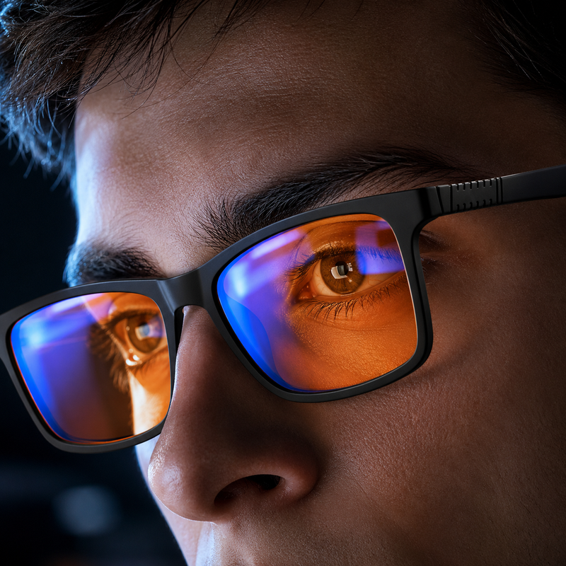 Close-up of a man wearing Ember blue light glasses, screen light reflecting across the orange lenses