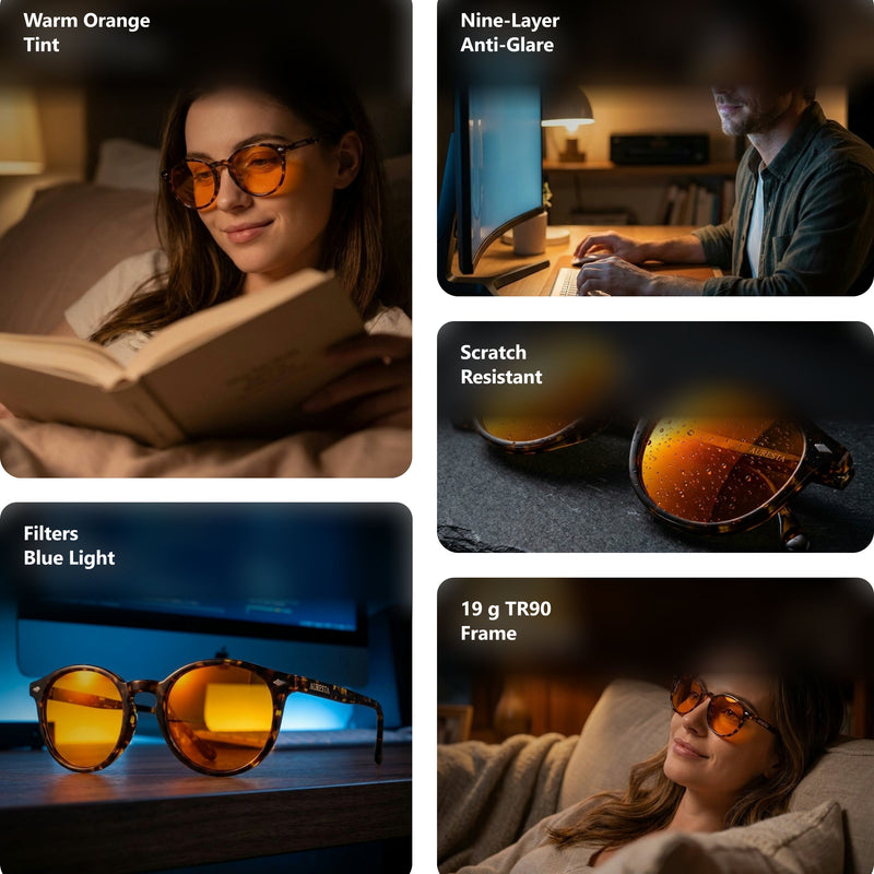 Hazel blue light glasses shown in five scenes — reading in bed, at a desk in the evening, close-up of the orange lenses, in front of a monitor, and relaxing on a sofa