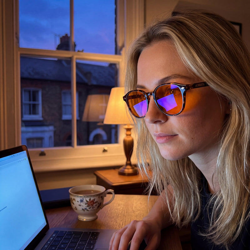 Close-up of Hazel round tortoise TR90 blue light glasses with orange lenses during evening laptop work