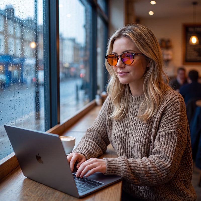 Woman working on a laptop in a cafe wearing Auresta Hazel tortoise round blue light glasses with orange lenses
