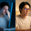 Split image: a man rubbing his eyes at a dark monitor, and a man at a lit desk wearing Olive blue light glasses