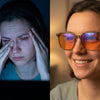 Split image: a woman rubbing tired eyes at a screen, and a woman smiling in Olive blue light glasses