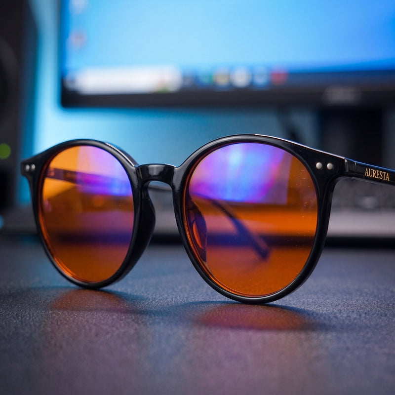 Raven blue light glasses in glossy black TR90 resting on a desk in front of a lit computer monitor