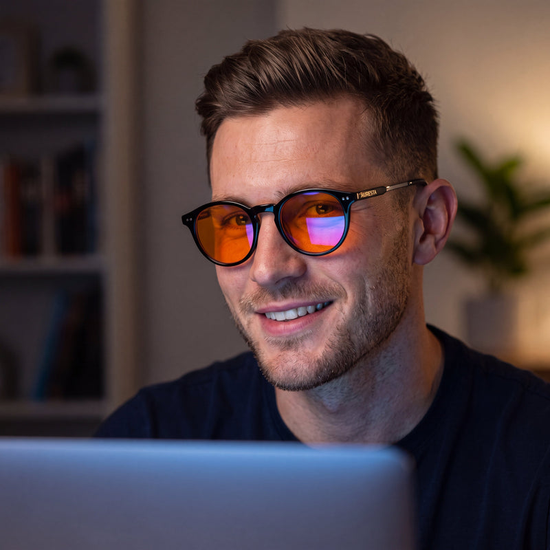 Smiling man at a laptop in a dim room wearing Raven round black blue light glasses with orange lenses