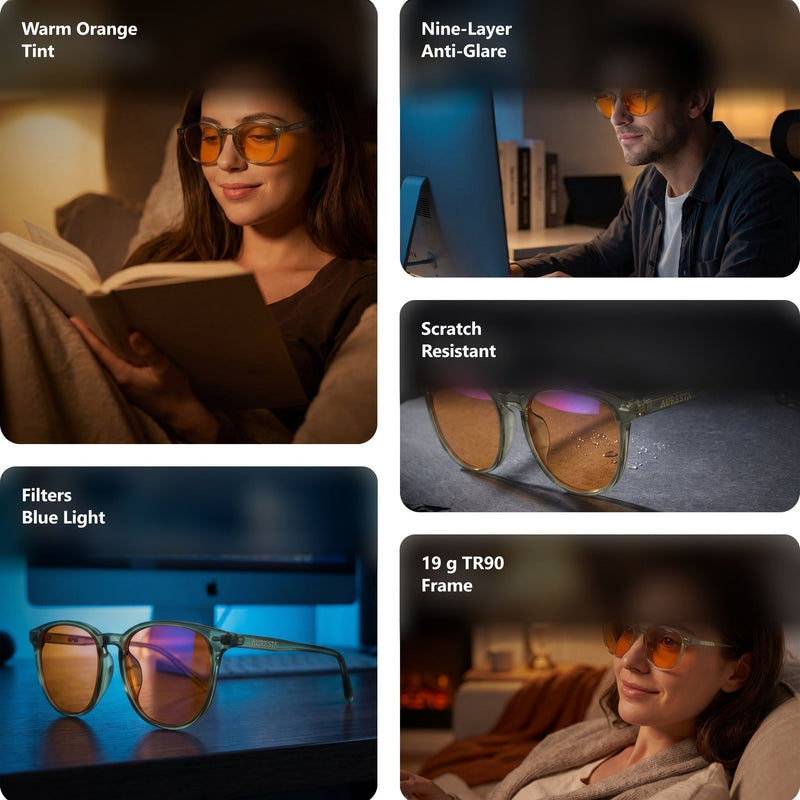 Vesper blue light glasses shown in five scenes — reading in bed, at a desk in the evening, close-up of the orange lenses, in front of a monitor, and relaxing on a sofa