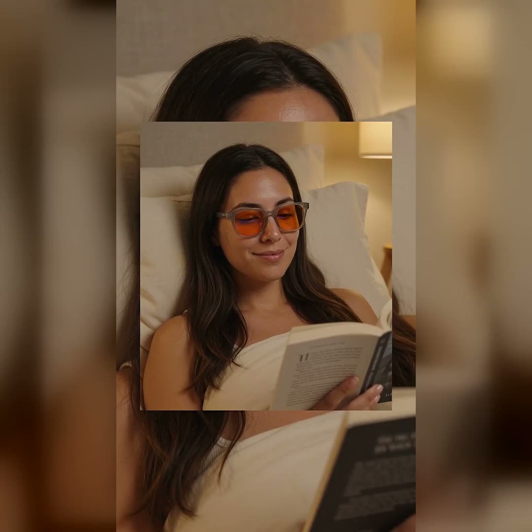 Woman wearing the Ash blue light glasses — frosted grey square TR90 frame with warm orange lenses