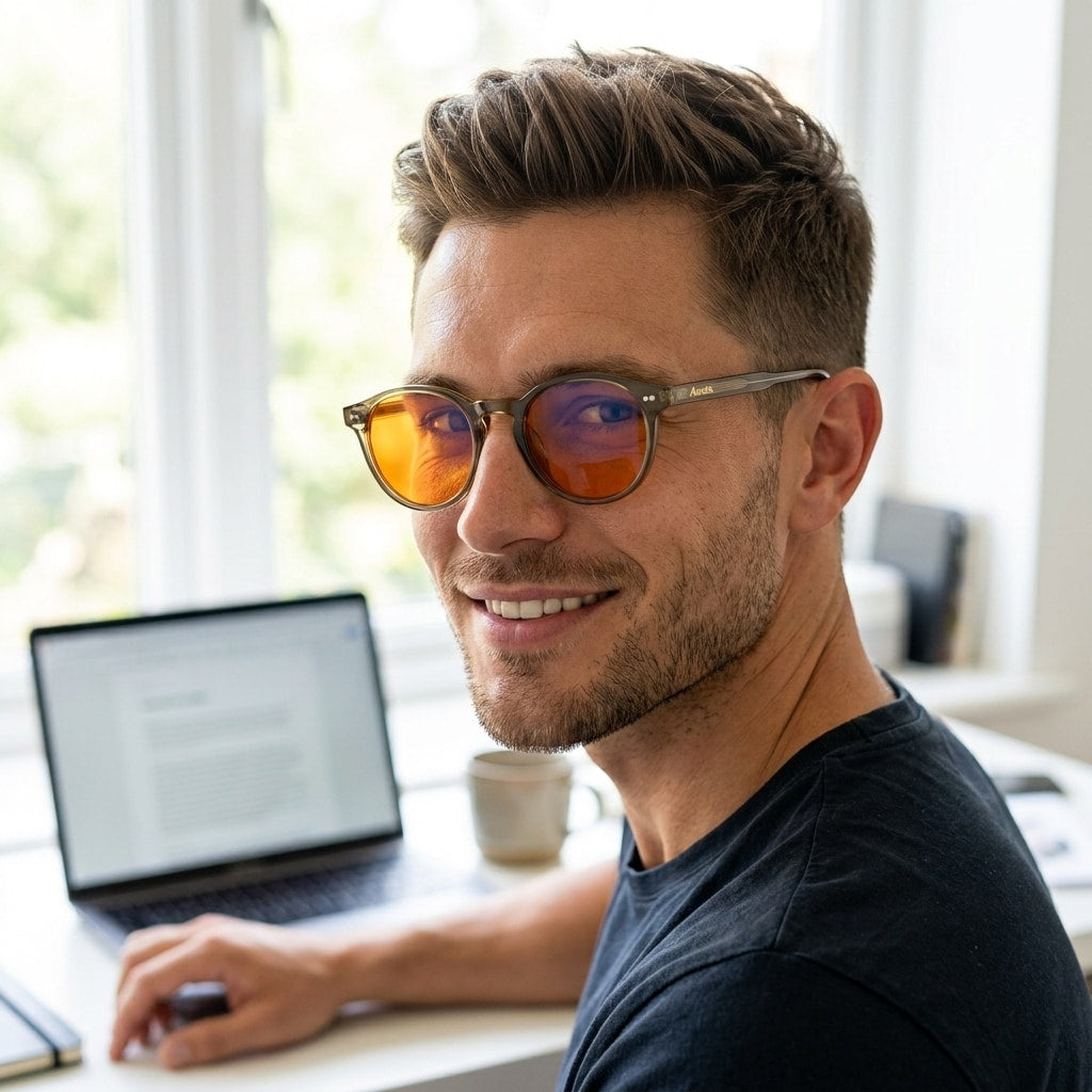 Man working at a laptop wearing the Aura blue light glasses — grey TR90 frame with orange lenses, monitor reflections dropping away