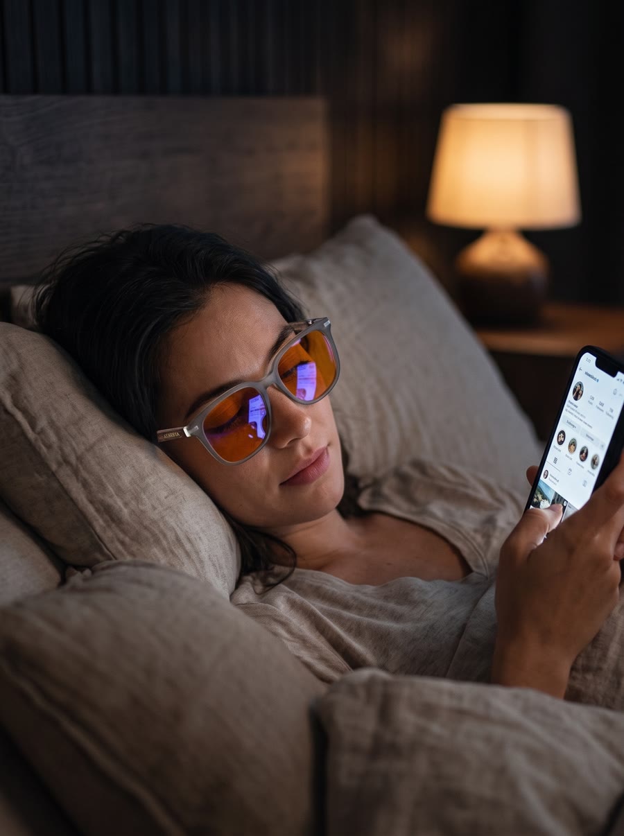 Scrolling a phone in bed at night wearing the Ash blue light glasses
