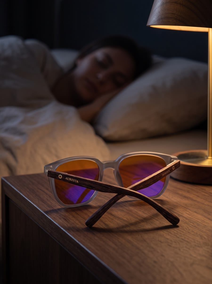 The Ash blue light glasses resting on a bedside table while their owner sleeps