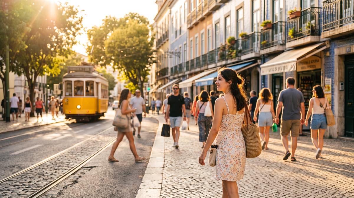 Sun-drenched city street in warm golden afternoon light