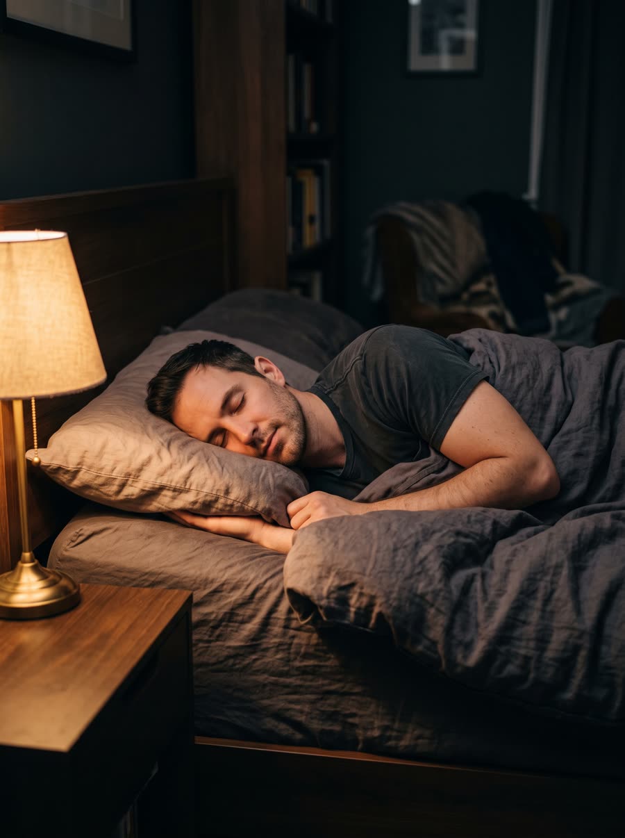 Man sleeping peacefully in a dark bedroom lit by a warm bedside lamp