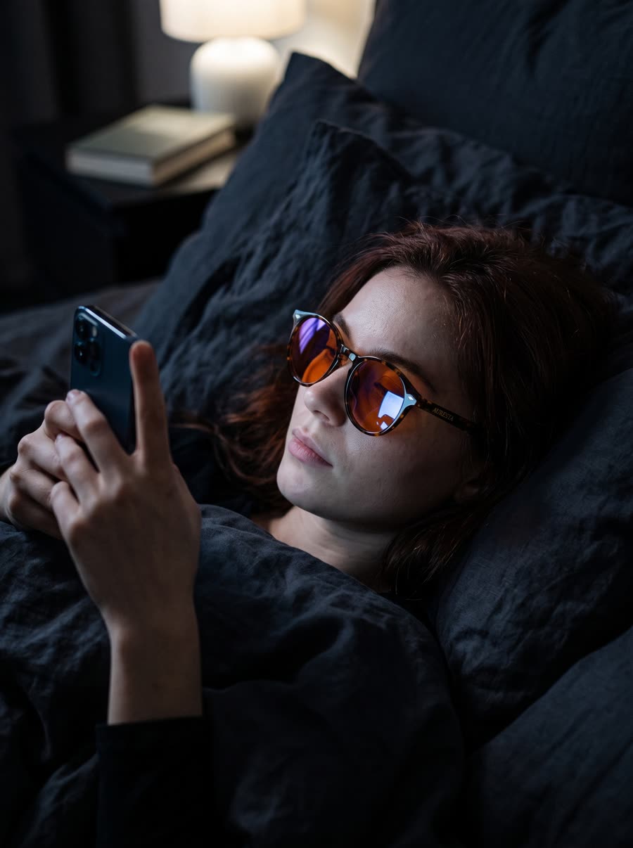 Scrolling a phone in bed at night wearing the Hazel blue light glasses