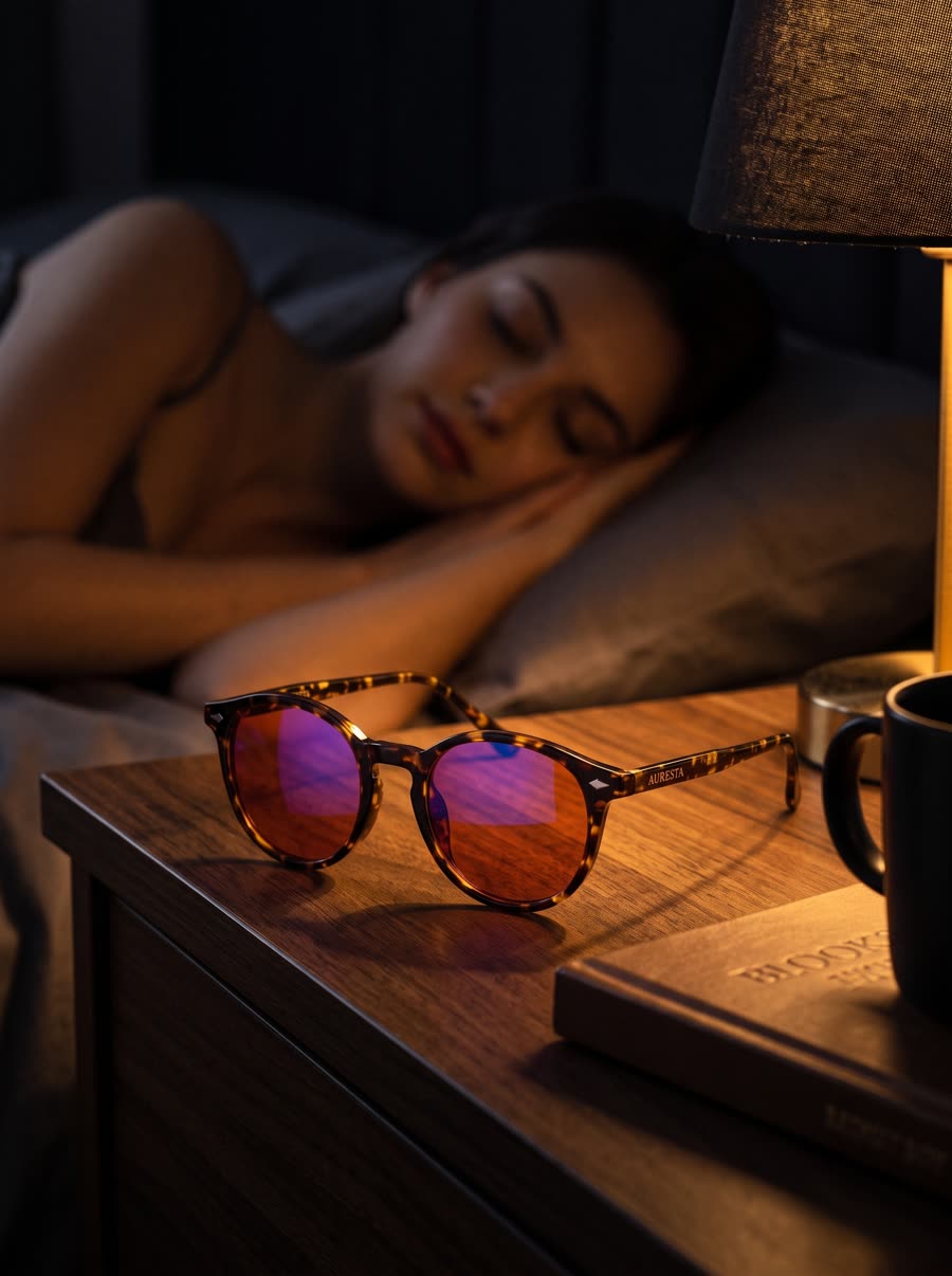 The Hazel blue light glasses resting on a bedside table while their owner sleeps