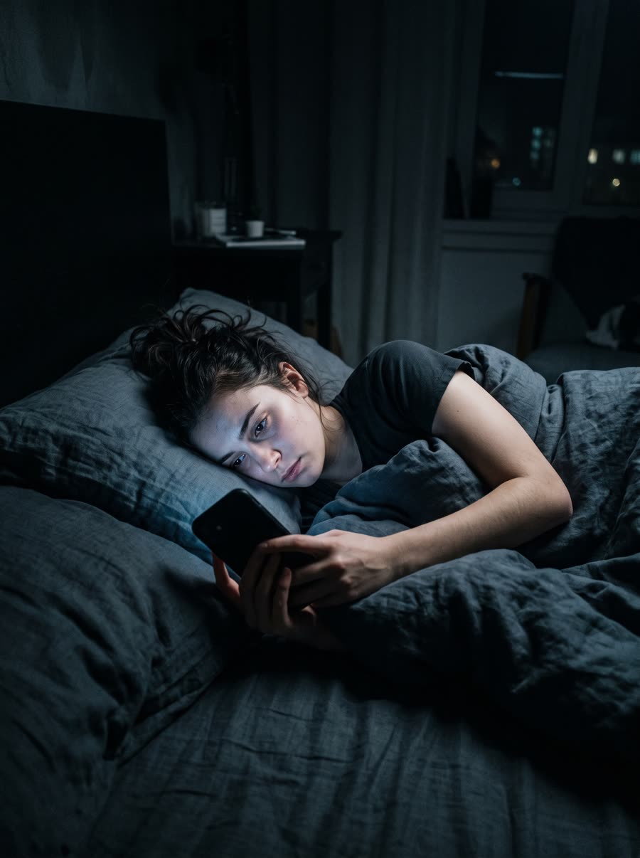 Woman scrolling her phone in a dark bedroom, face lit by the cold blue glow of the screen