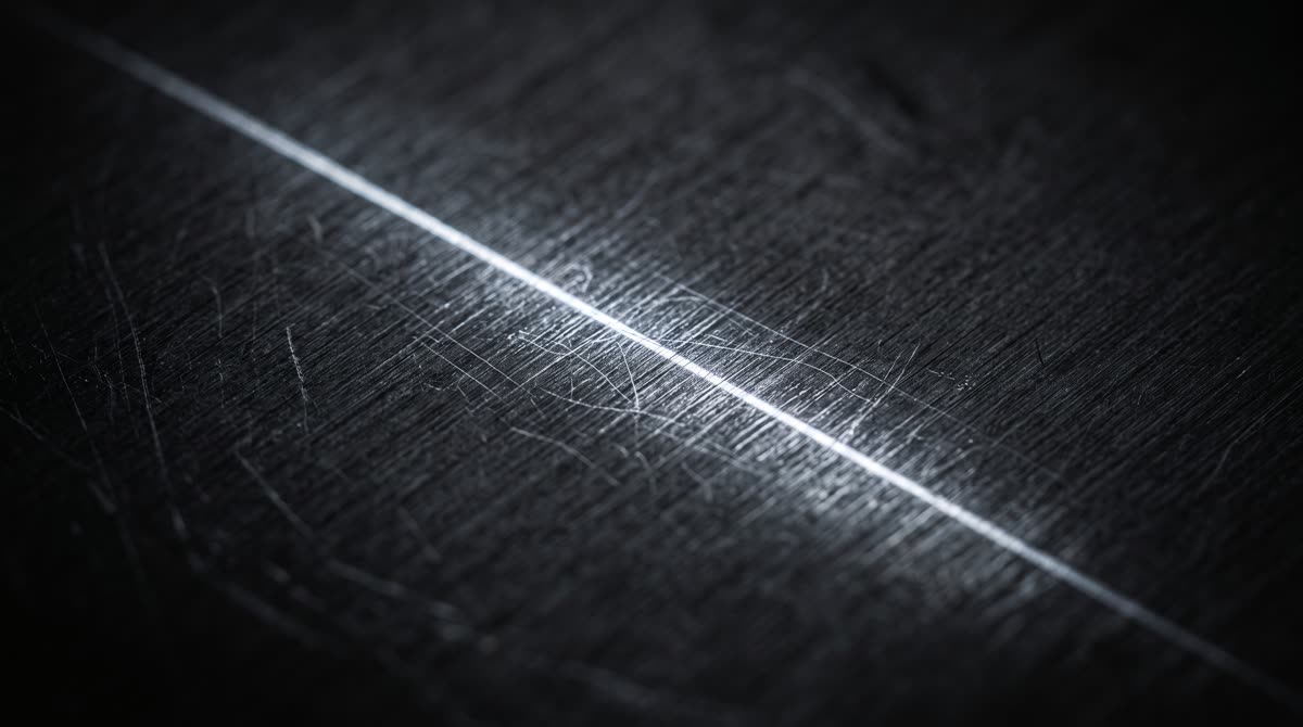 Macro of a dark coated surface with fine scratch lines catching the light