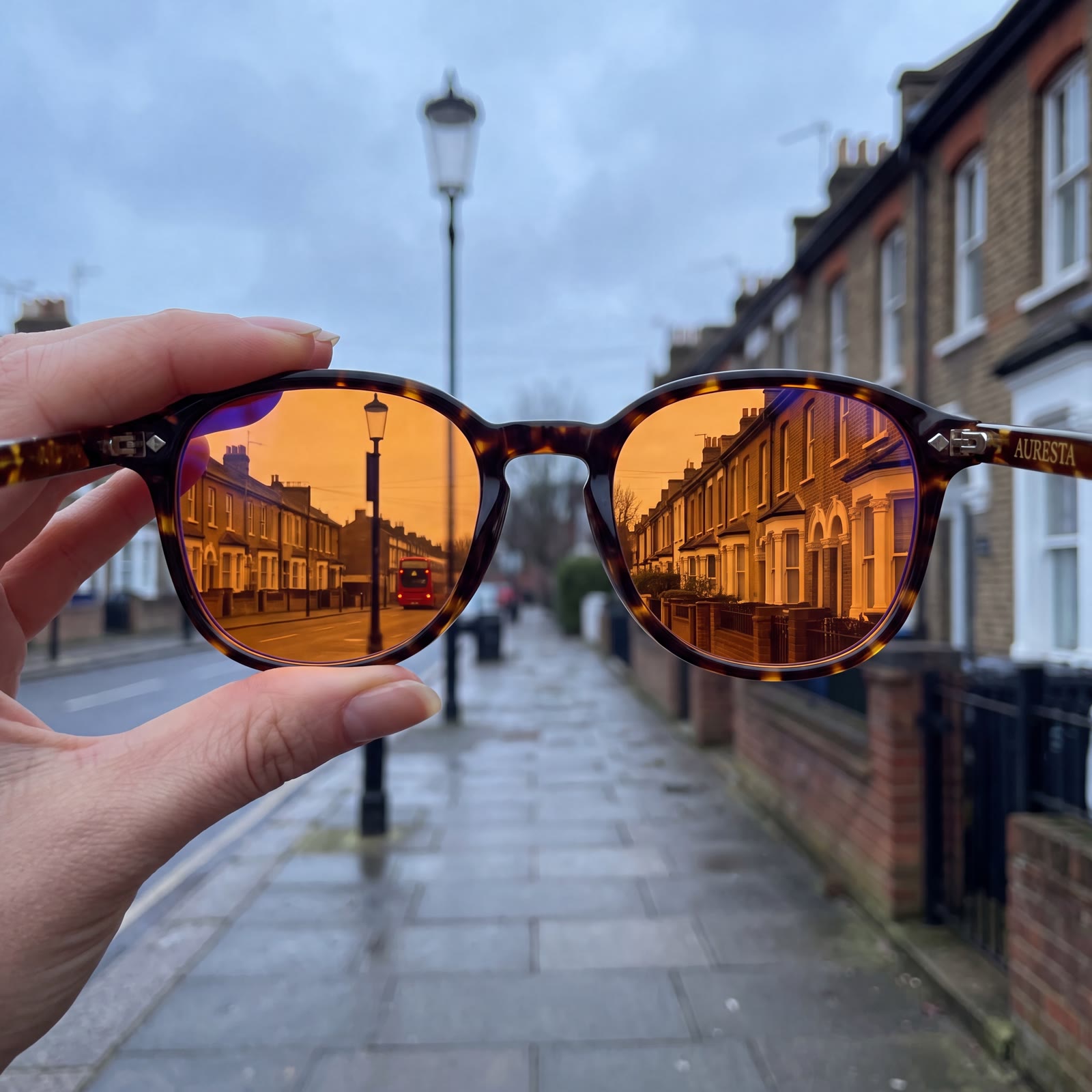 Woman holding the Hazel blue light glasses — round tortoise TR90 frame with warm orange lenses showing a violet coating sheen