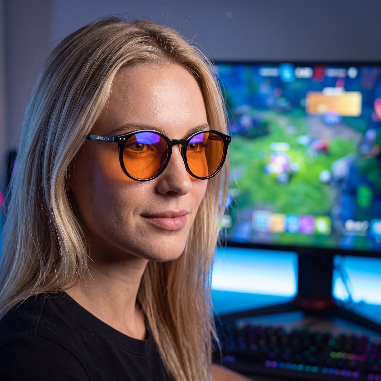 Woman at a multi-monitor gaming setup wearing the Raven blue light glasses — round black TR90 frame with orange lenses