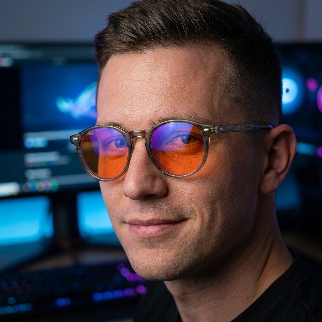 Man at a gaming setup wearing the Vesper blue light glasses — round sage TR90 frame with warm orange blue-mirror lenses