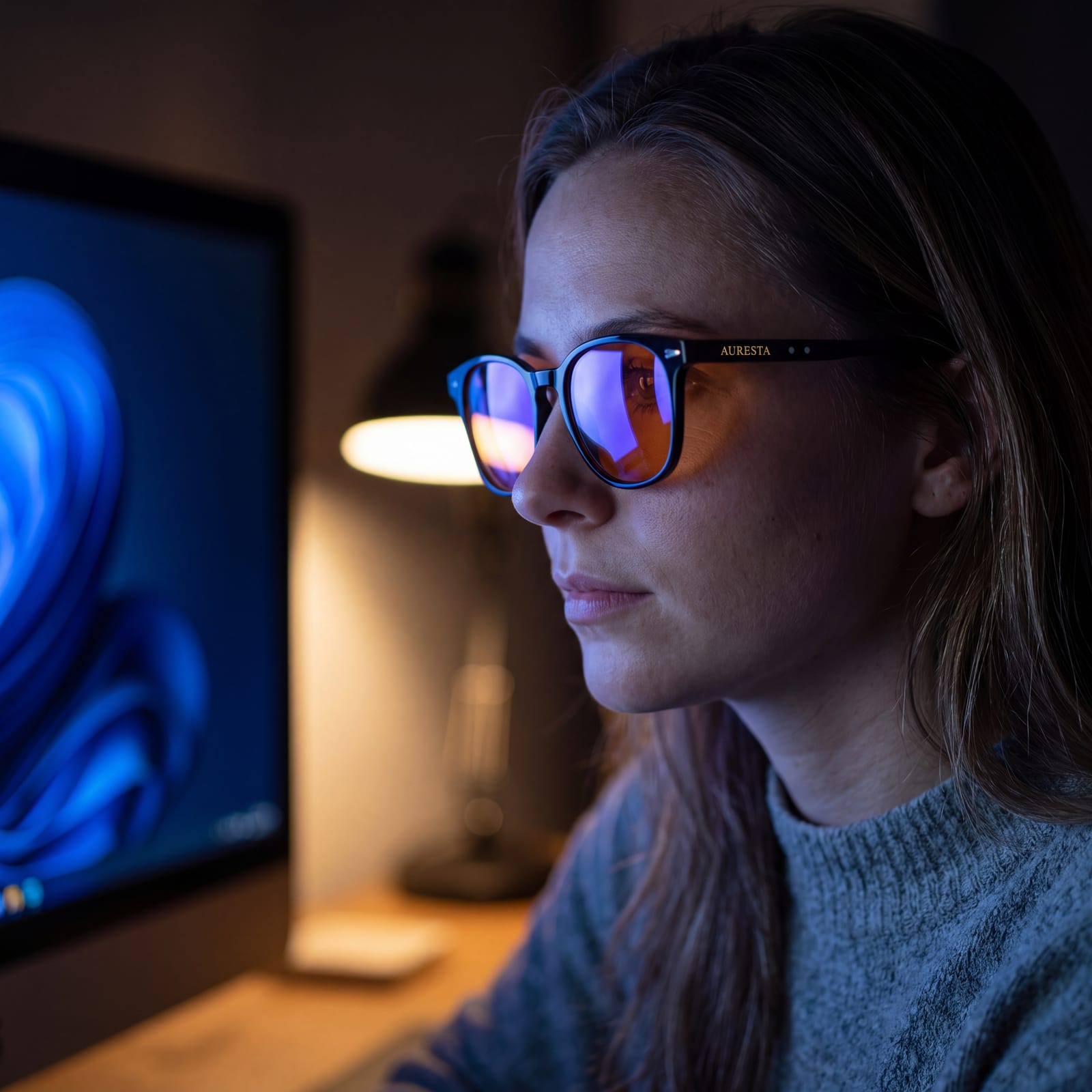 Wearing the Rowan blue light glasses at a desk during a long screen session