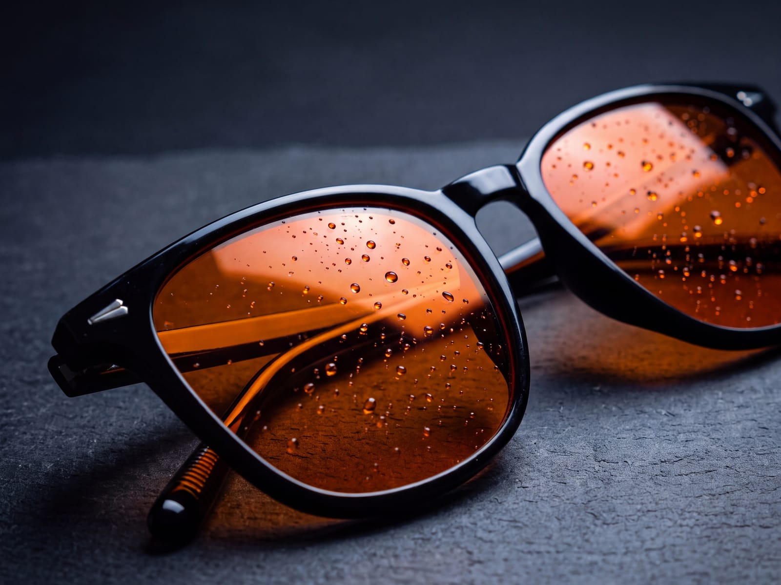 The Rowan blue light glasses folded on dark slate — glossy black panto TR90 frame with a polished silver dart at the temple joint, orange lenses beaded with water droplets under a warm light